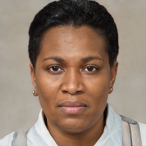 Neutral black young-adult female with short  black hair and brown eyes