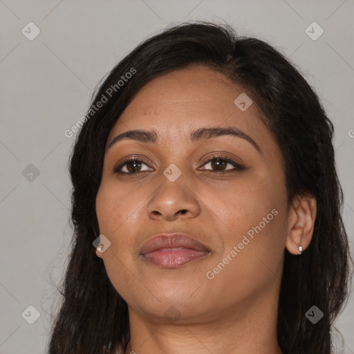 Joyful asian young-adult female with long  brown hair and brown eyes