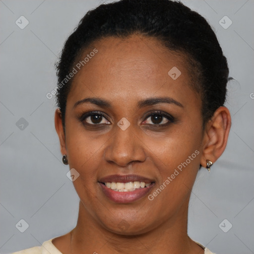 Joyful latino young-adult female with short  brown hair and brown eyes