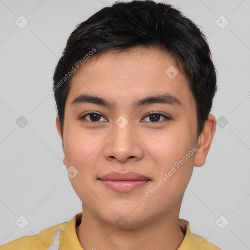 Joyful asian young-adult male with short  brown hair and brown eyes