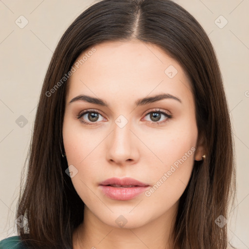 Neutral white young-adult female with long  brown hair and brown eyes