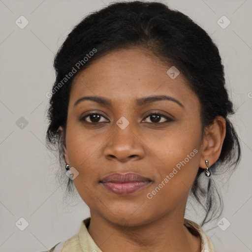 Joyful latino young-adult female with long  brown hair and brown eyes