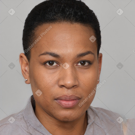 Joyful black young-adult female with short  brown hair and brown eyes