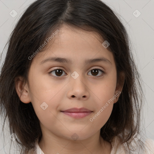 Joyful white child female with medium  brown hair and brown eyes