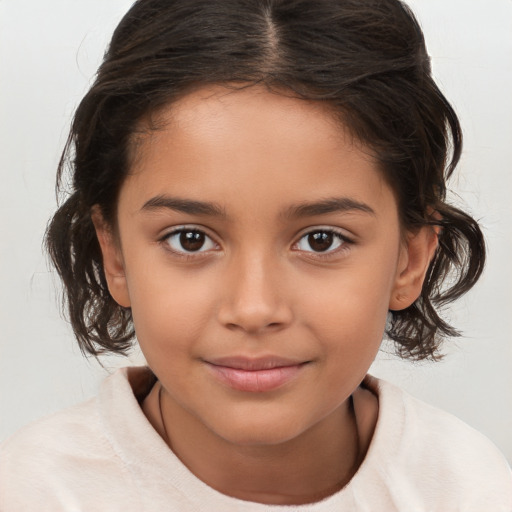 Joyful white child female with medium  brown hair and brown eyes