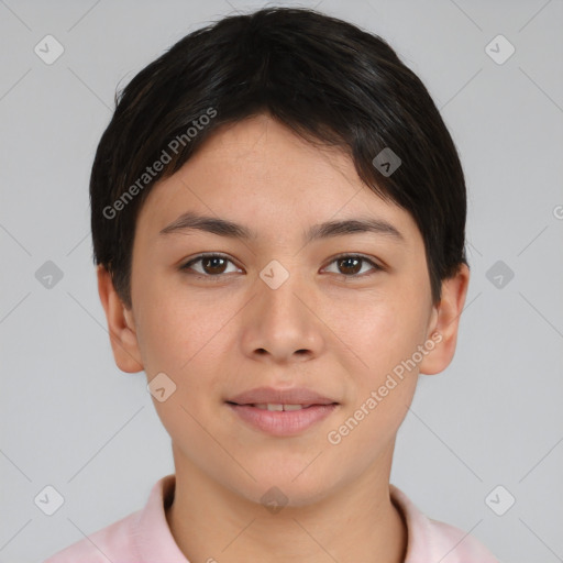 Joyful white young-adult female with short  brown hair and brown eyes