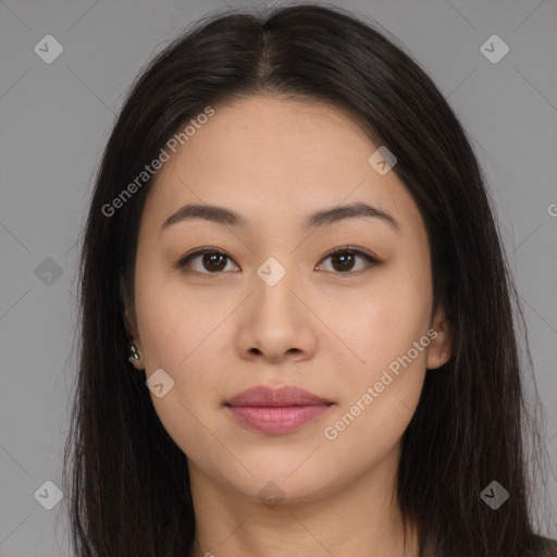 Joyful asian young-adult female with long  brown hair and brown eyes