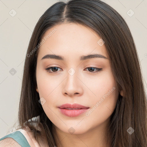 Neutral white young-adult female with long  brown hair and brown eyes