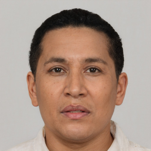 Neutral latino adult male with short  black hair and brown eyes