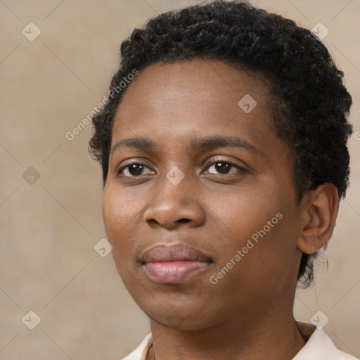 Neutral black young-adult female with short  black hair and brown eyes