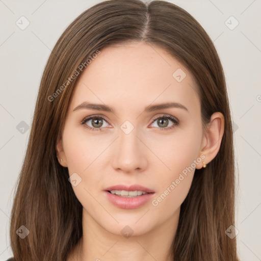 Neutral white young-adult female with long  brown hair and brown eyes