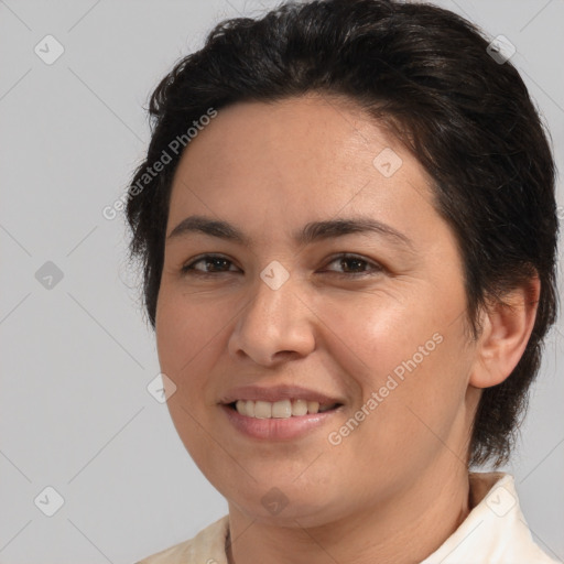 Joyful white adult female with medium  brown hair and brown eyes