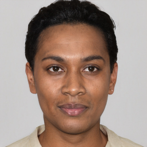 Neutral black young-adult female with short  black hair and brown eyes