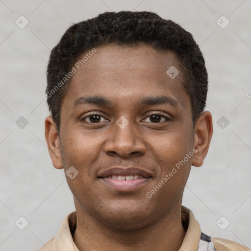 Joyful latino young-adult male with short  brown hair and brown eyes