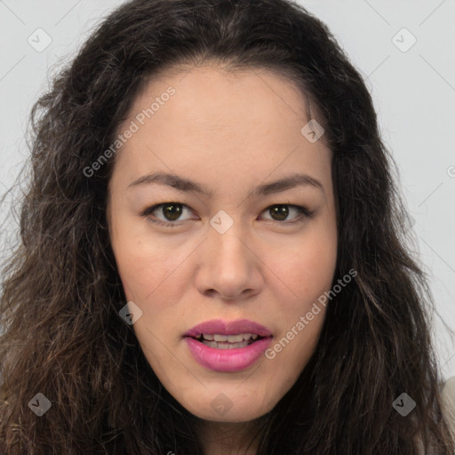 Joyful white young-adult female with long  brown hair and green eyes