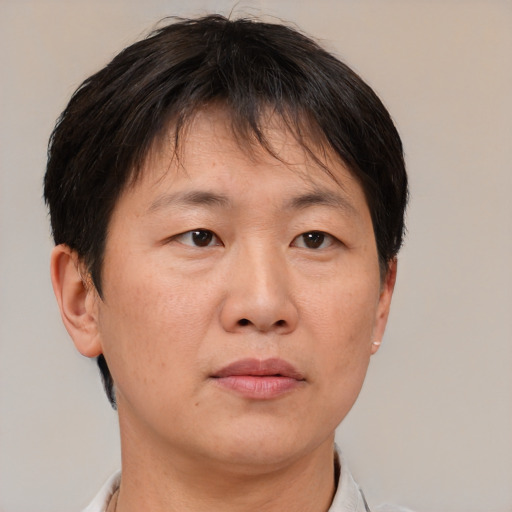 Neutral asian adult female with short  brown hair and brown eyes