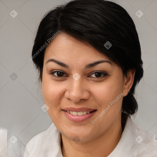 Joyful latino young-adult female with medium  brown hair and brown eyes