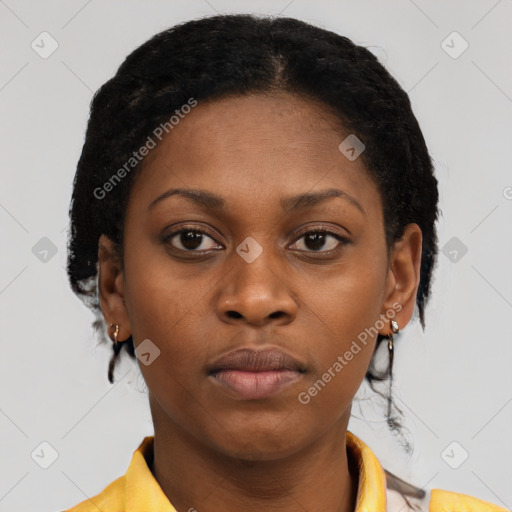 Neutral black young-adult female with short  brown hair and brown eyes