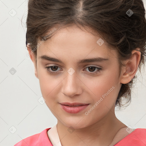 Joyful white child female with medium  brown hair and brown eyes