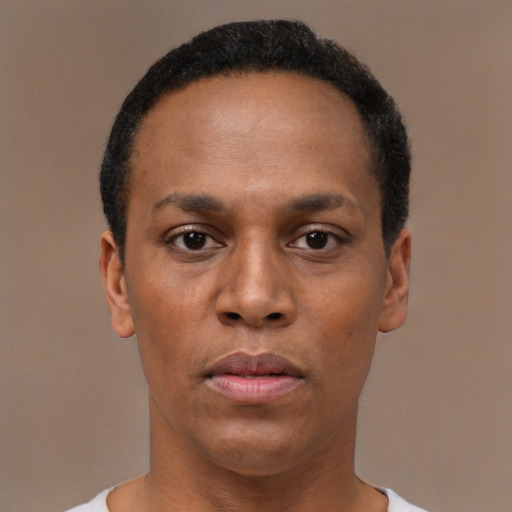 Neutral black young-adult male with short  black hair and brown eyes