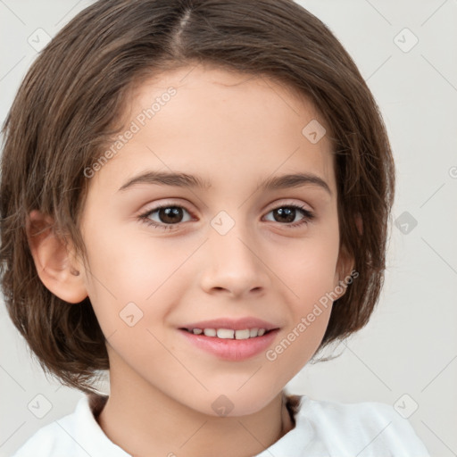 Joyful white child female with medium  brown hair and brown eyes