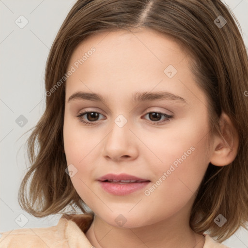 Joyful white child female with medium  brown hair and brown eyes