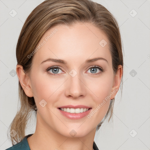 Joyful white young-adult female with medium  brown hair and blue eyes