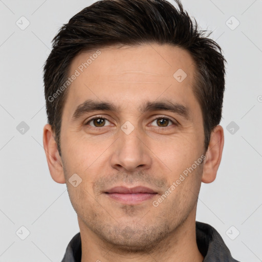 Joyful white young-adult male with short  brown hair and brown eyes