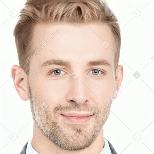 Joyful white adult male with short  brown hair and grey eyes