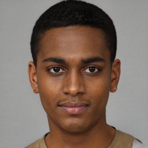 Neutral black young-adult male with short  black hair and brown eyes