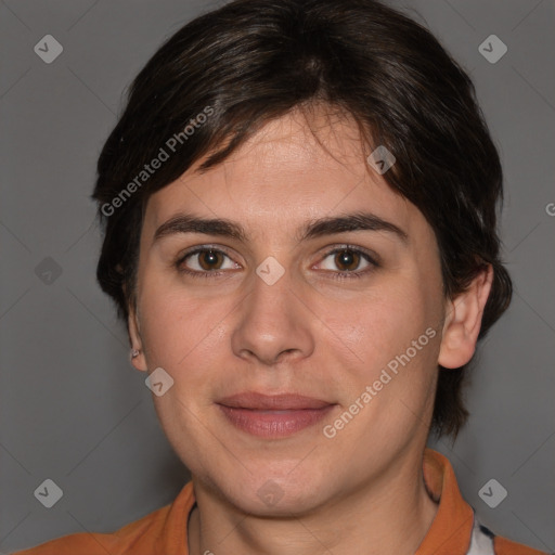 Joyful white young-adult female with medium  brown hair and brown eyes