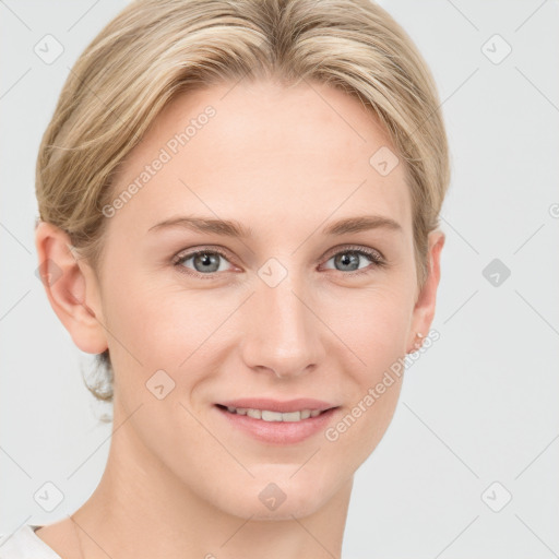 Joyful white young-adult female with medium  brown hair and blue eyes