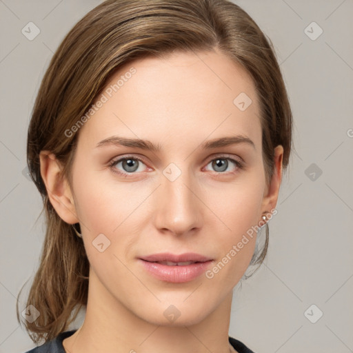 Neutral white young-adult female with medium  brown hair and grey eyes