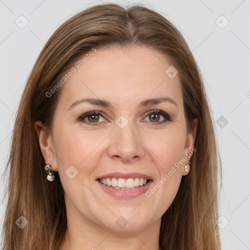 Joyful white young-adult female with long  brown hair and grey eyes