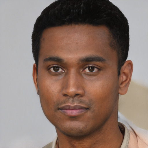 Neutral black young-adult male with short  black hair and brown eyes