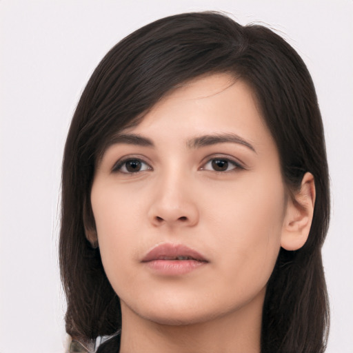 Neutral asian young-adult female with long  brown hair and brown eyes