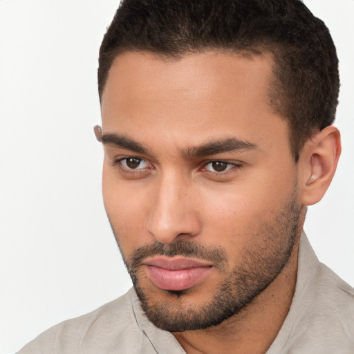 Neutral white young-adult male with short  brown hair and brown eyes