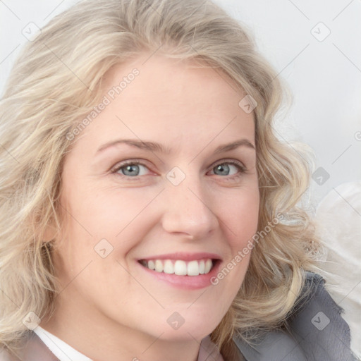 Joyful white young-adult female with medium  blond hair and blue eyes