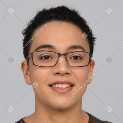 Joyful latino young-adult female with short  brown hair and brown eyes