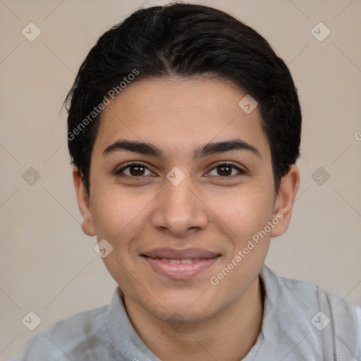 Joyful latino young-adult female with short  brown hair and brown eyes