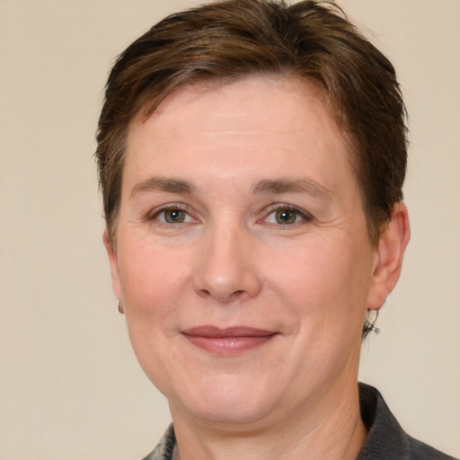 Joyful white adult female with short  brown hair and grey eyes