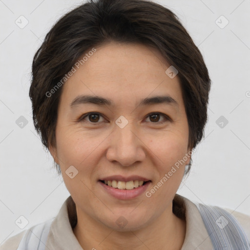 Joyful white adult female with short  brown hair and brown eyes