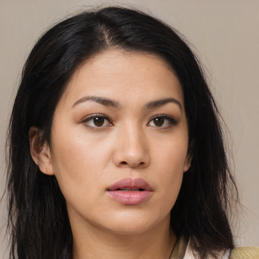 Neutral asian young-adult female with long  brown hair and brown eyes