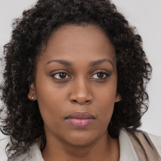 Neutral black young-adult female with long  brown hair and brown eyes