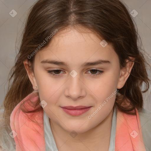 Joyful white child female with medium  brown hair and brown eyes