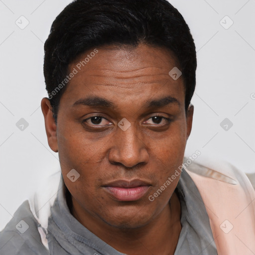 Joyful white adult male with short  black hair and brown eyes