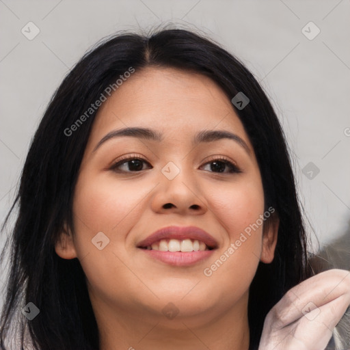 Joyful asian young-adult female with medium  black hair and brown eyes