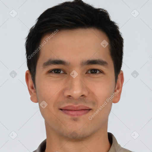 Joyful asian young-adult male with short  black hair and brown eyes