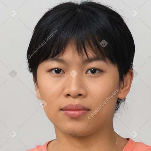 Neutral asian young-adult female with medium  brown hair and brown eyes