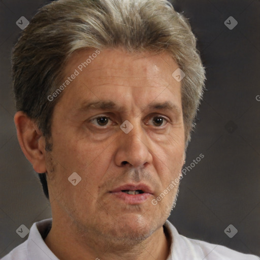 Neutral white middle-aged male with short  brown hair and brown eyes